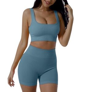 New Gymwear Workout Yoga Blue 2pc Ribbed Sports Bra & High Waisted Shorts, Large